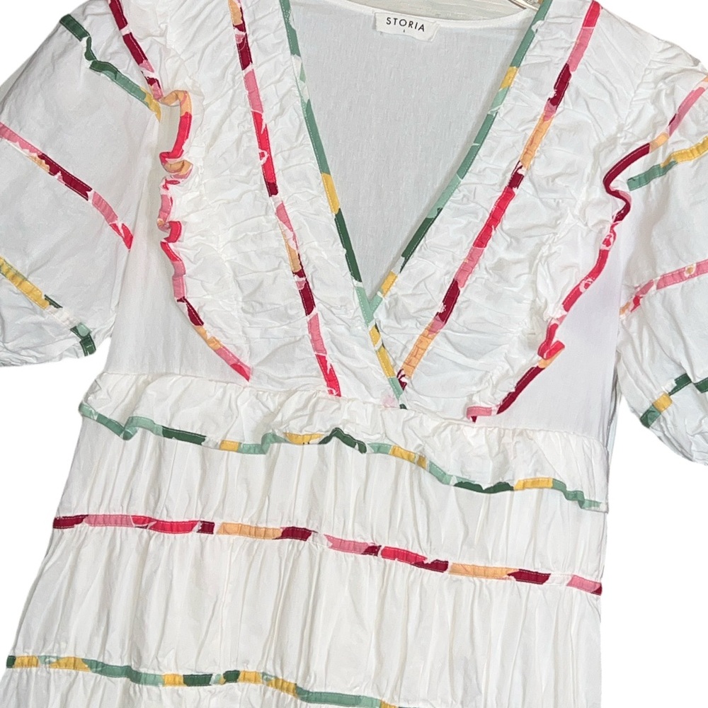 Storia Mixed Print White Midi Dress Ruffled V-Neck Spring Large - Picture 4 of 7